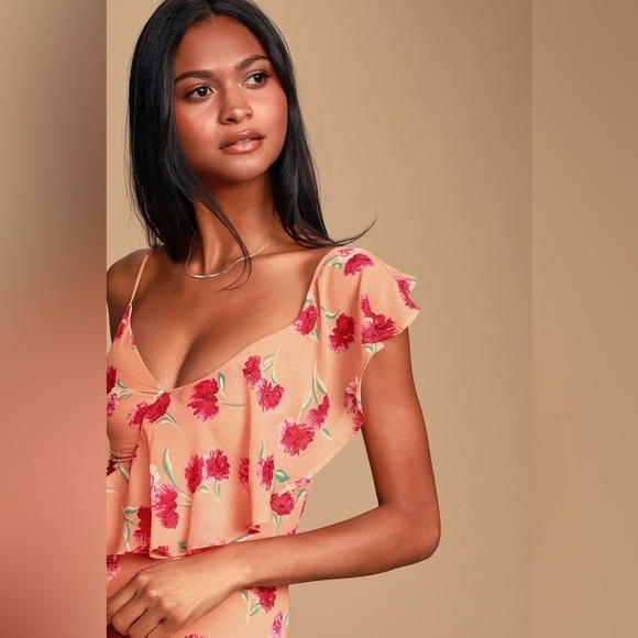 Lulu’s Bloom Forever Coral Orange Floral Print Ruffled High-Low Dress - Picture 2 of 14